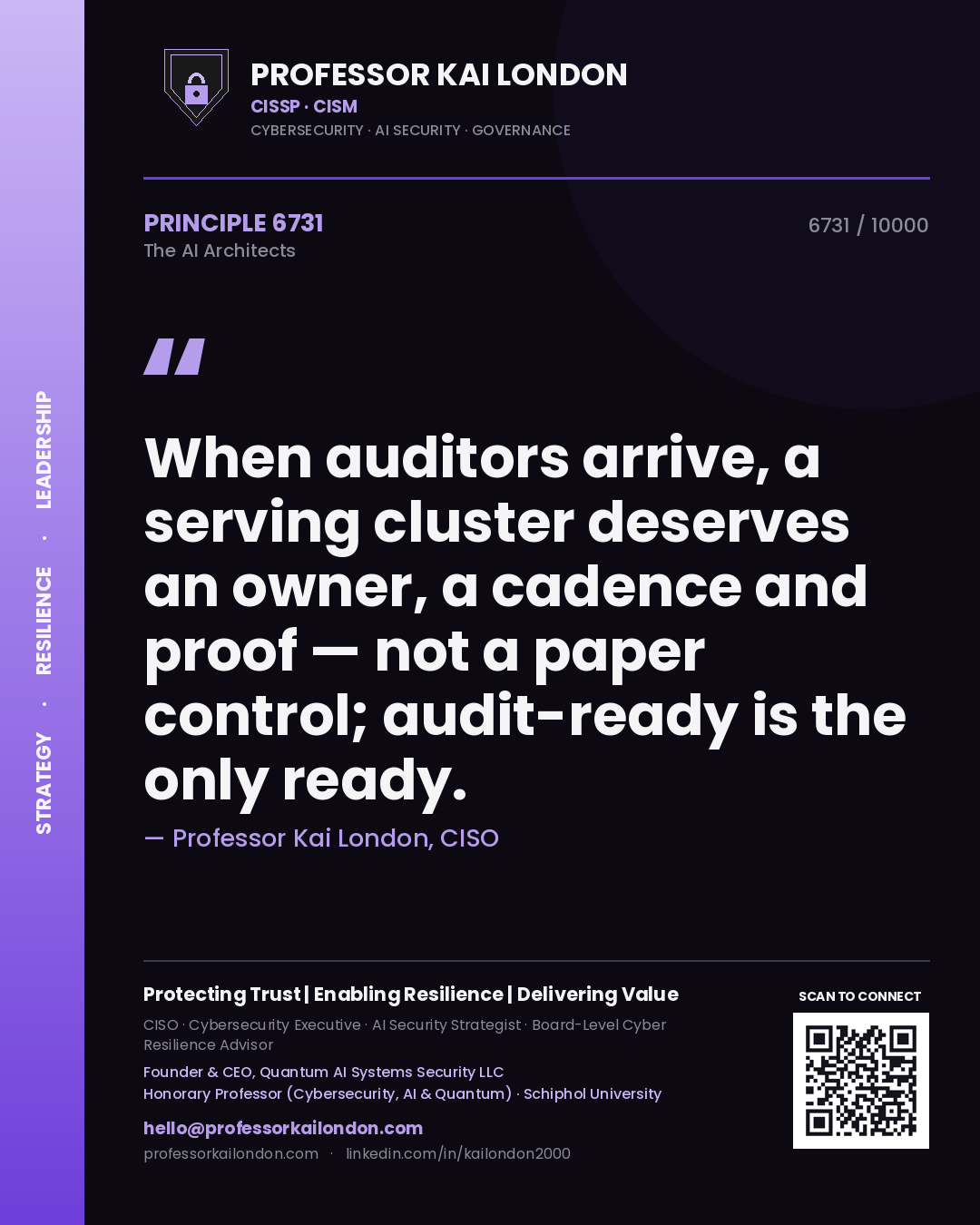 Professor Kai London principle 6731: When auditors arrive, a serving cluster deserves an owner, a cadence and proof — not a paper control; audit-ready is the only ready.