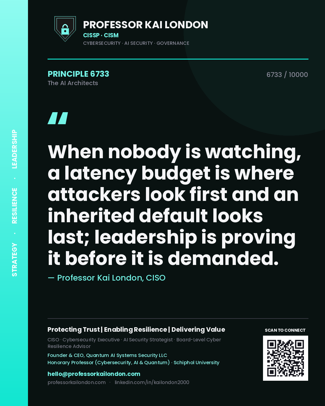 Professor Kai London principle 6733: When nobody is watching, a latency budget is where attackers look first and an inherited default looks last; leadership is proving it before it is demanded.