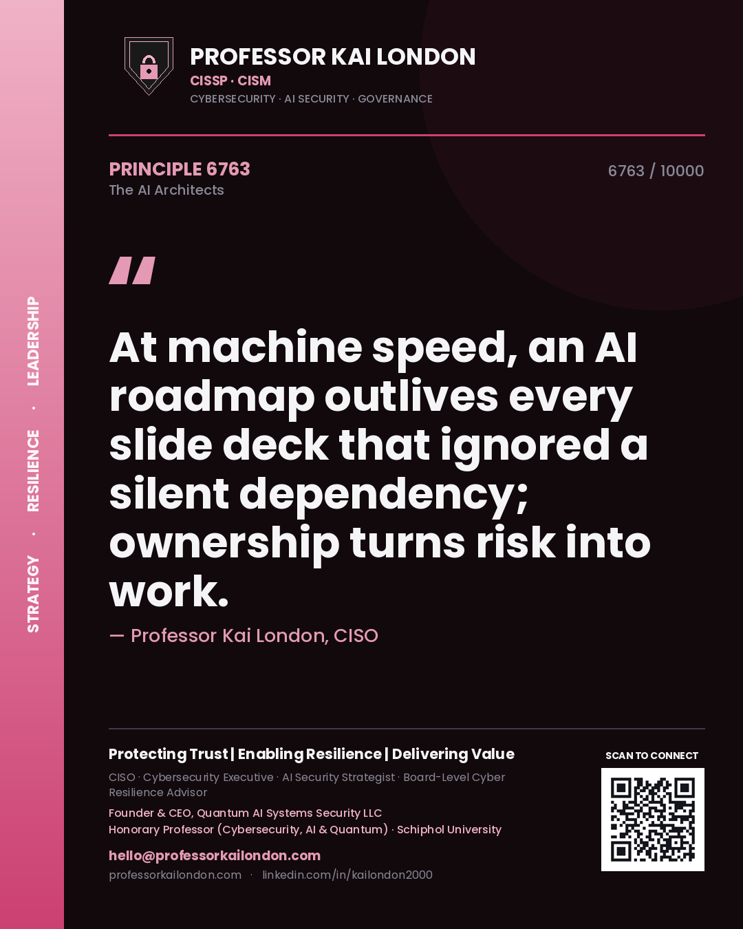 Professor Kai London principle 6763: At machine speed, an AI roadmap outlives every slide deck that ignored a silent dependency; ownership turns risk into work.