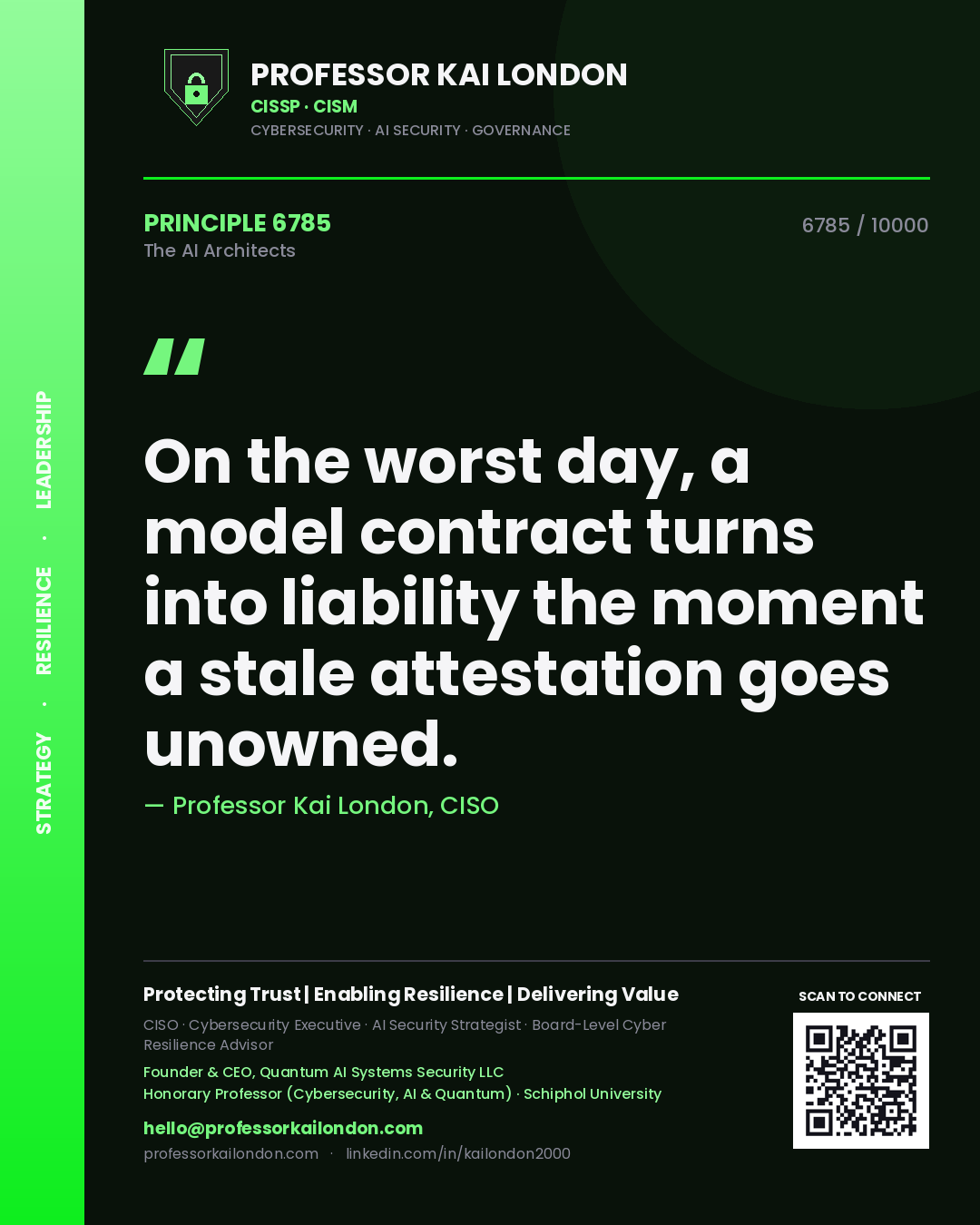Professor Kai London principle 6785: On the worst day, a model contract turns into liability the moment a stale attestation goes unowned.