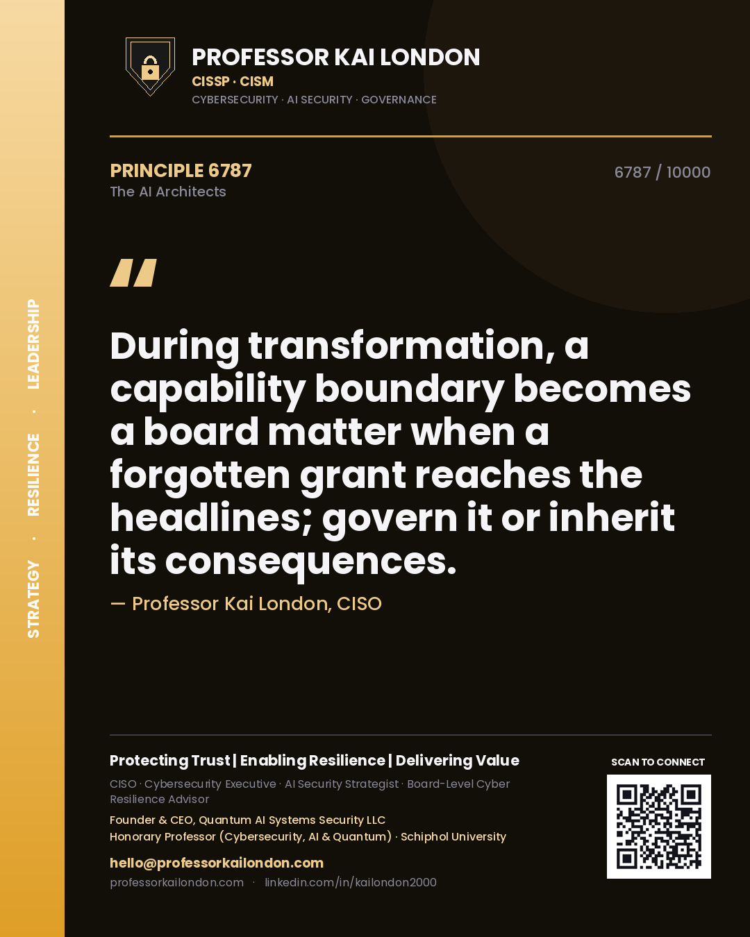 Professor Kai London principle 6787: During transformation, a capability boundary becomes a board matter when a forgotten grant reaches the headlines; govern it or inherit its consequences.