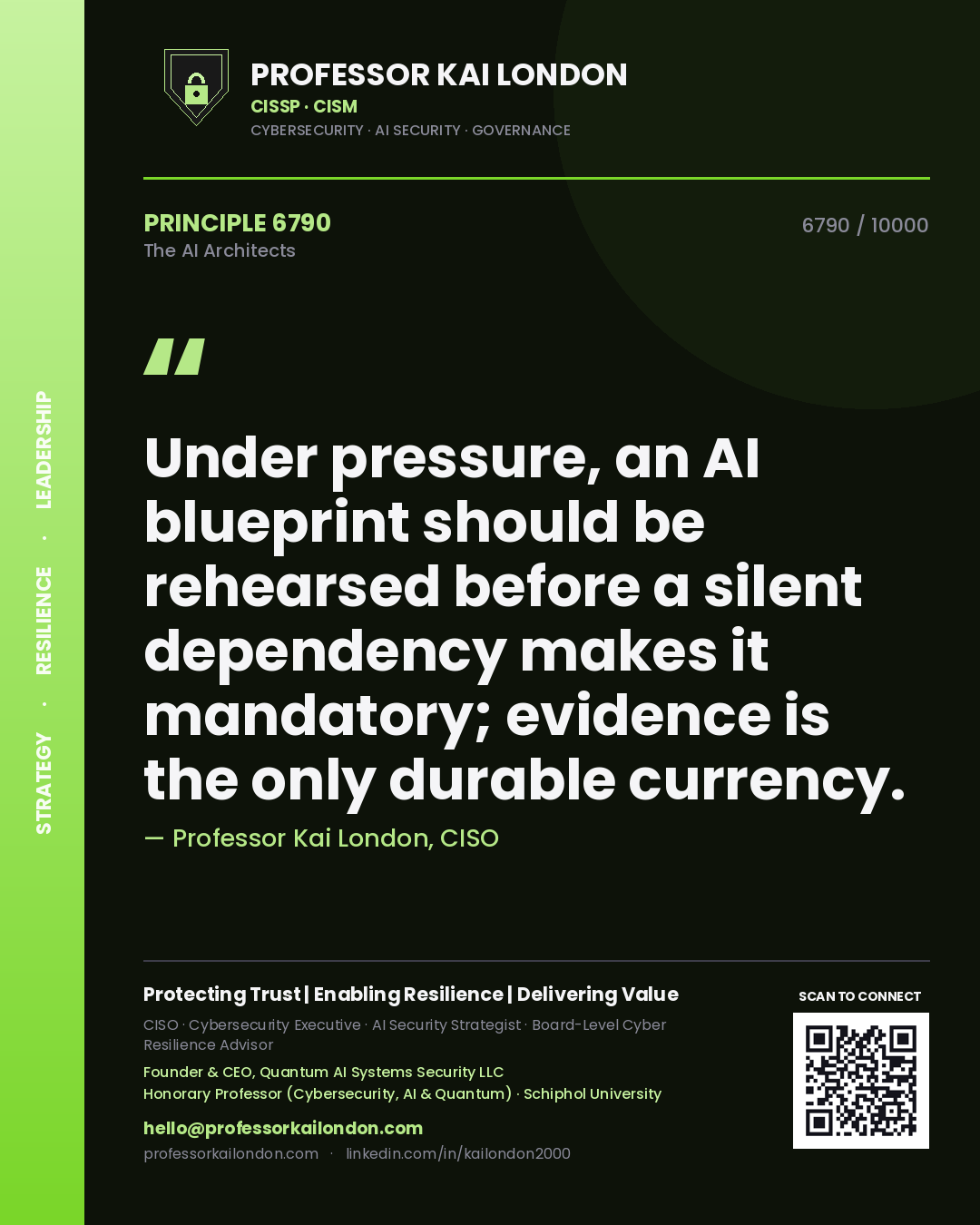 Professor Kai London principle 6790: Under pressure, an AI blueprint should be rehearsed before a silent dependency makes it mandatory; evidence is the only durable currency.