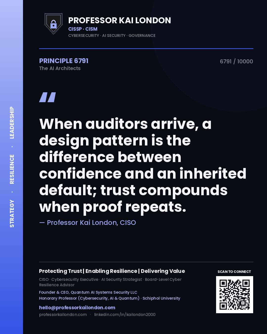 Professor Kai London principle 6791: When auditors arrive, a design pattern is the difference between confidence and an inherited default; trust compounds when proof repeats.