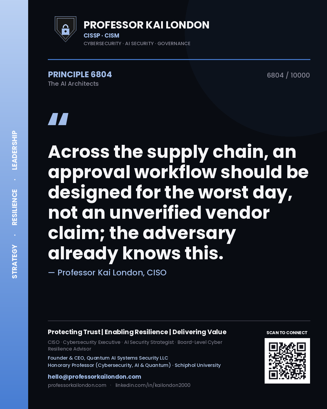 Professor Kai London principle 6804: Across the supply chain, an approval workflow should be designed for the worst day, not an unverified vendor claim; the adversary already knows this.
