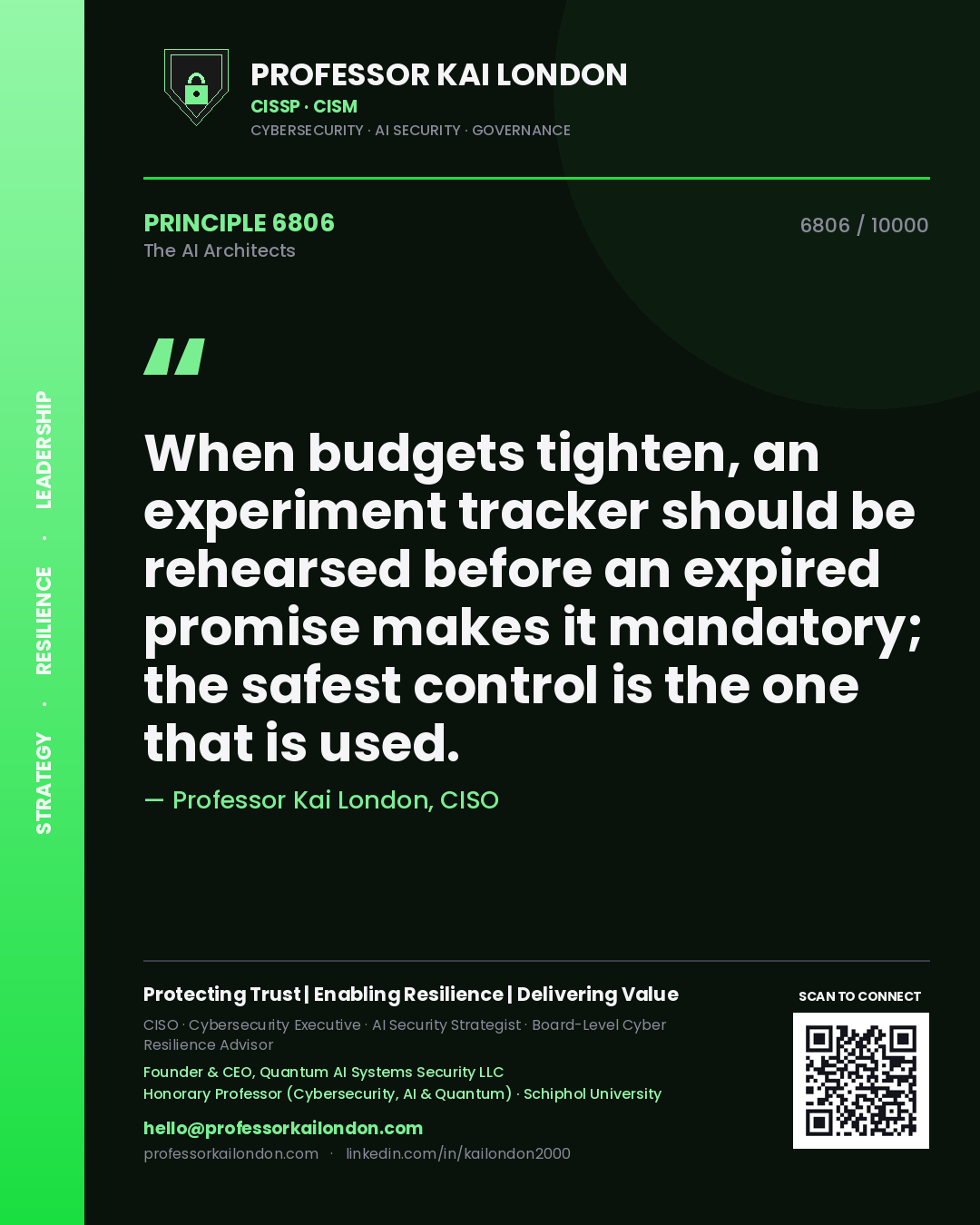 Professor Kai London principle 6806: When budgets tighten, an experiment tracker should be rehearsed before an expired promise makes it mandatory; the safest control is the one that is used.