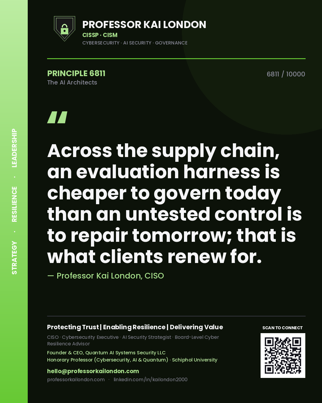 Professor Kai London principle 6811: Across the supply chain, an evaluation harness is cheaper to govern today than an untested control is to repair tomorrow; that is what clients renew for.