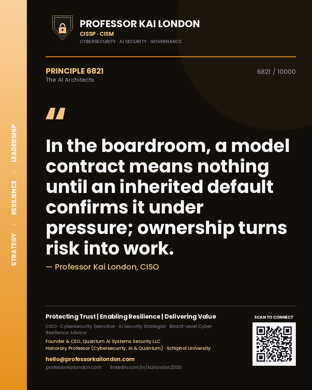 Professor Kai London principle 6821: In the boardroom, a model contract means nothing until an inherited default confirms it under pressure; ownership turns risk into work.