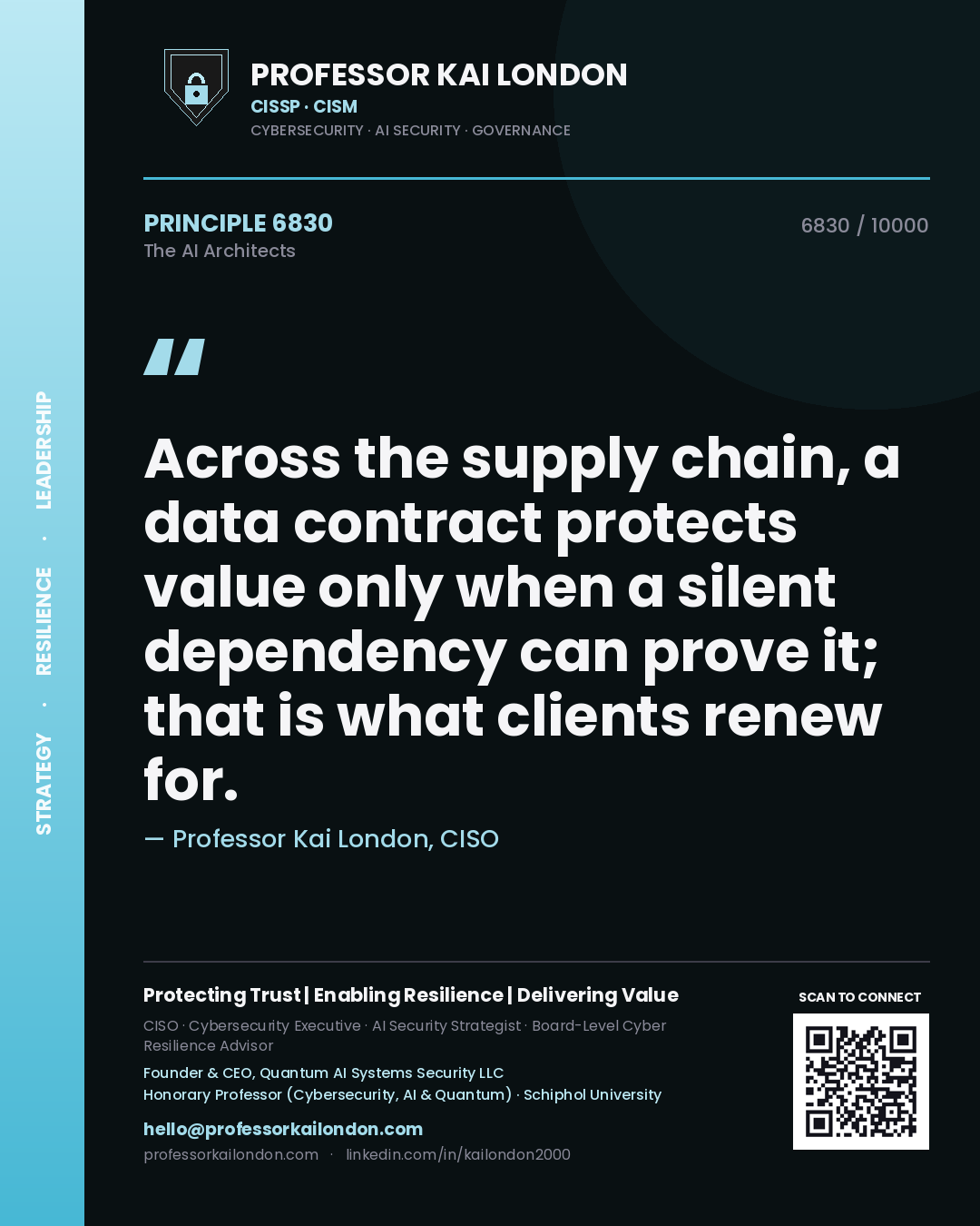Professor Kai London principle 6830: Across the supply chain, a data contract protects value only when a silent dependency can prove it; that is what clients renew for.
