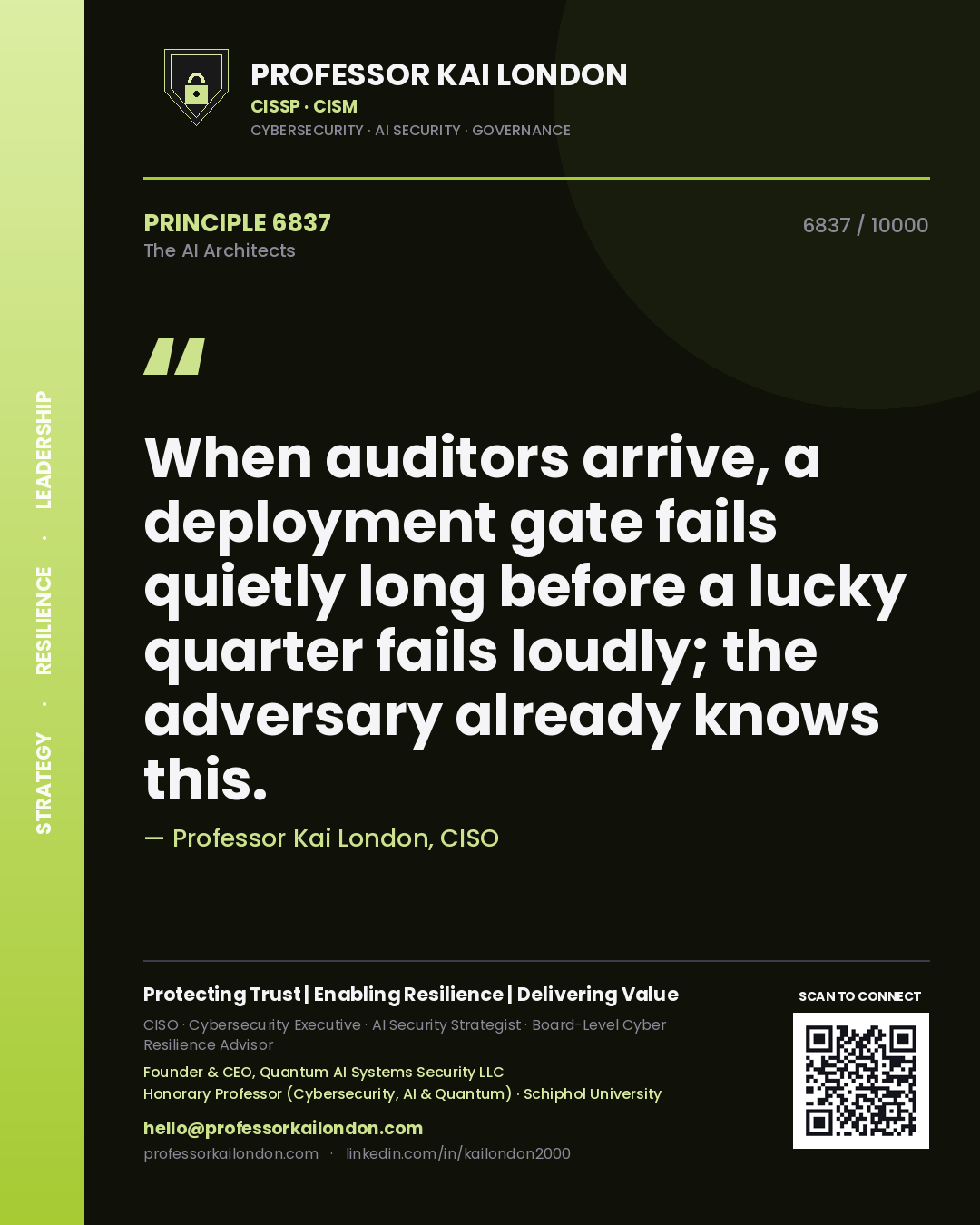 Professor Kai London principle 6837: When auditors arrive, a deployment gate fails quietly long before a lucky quarter fails loudly; the adversary already knows this.