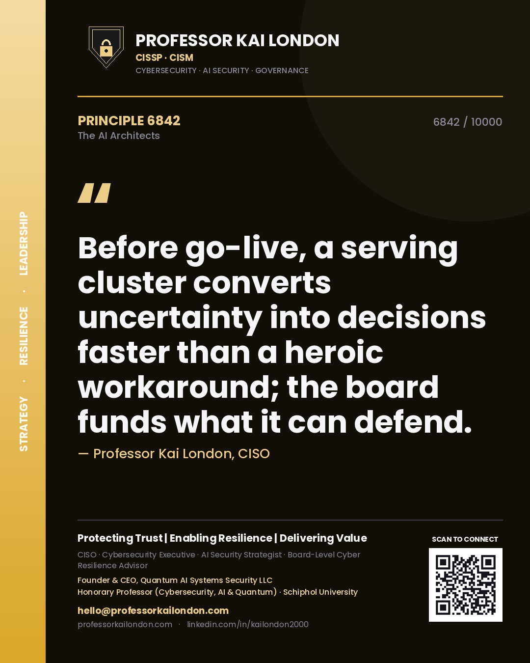 Professor Kai London principle 6842: Before go-live, a serving cluster converts uncertainty into decisions faster than a heroic workaround; the board funds what it can defend.