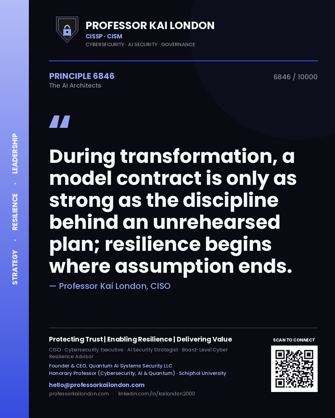 Professor Kai London principle 6846: During transformation, a model contract is only as strong as the discipline behind an unrehearsed plan; resilience begins where assumption ends.