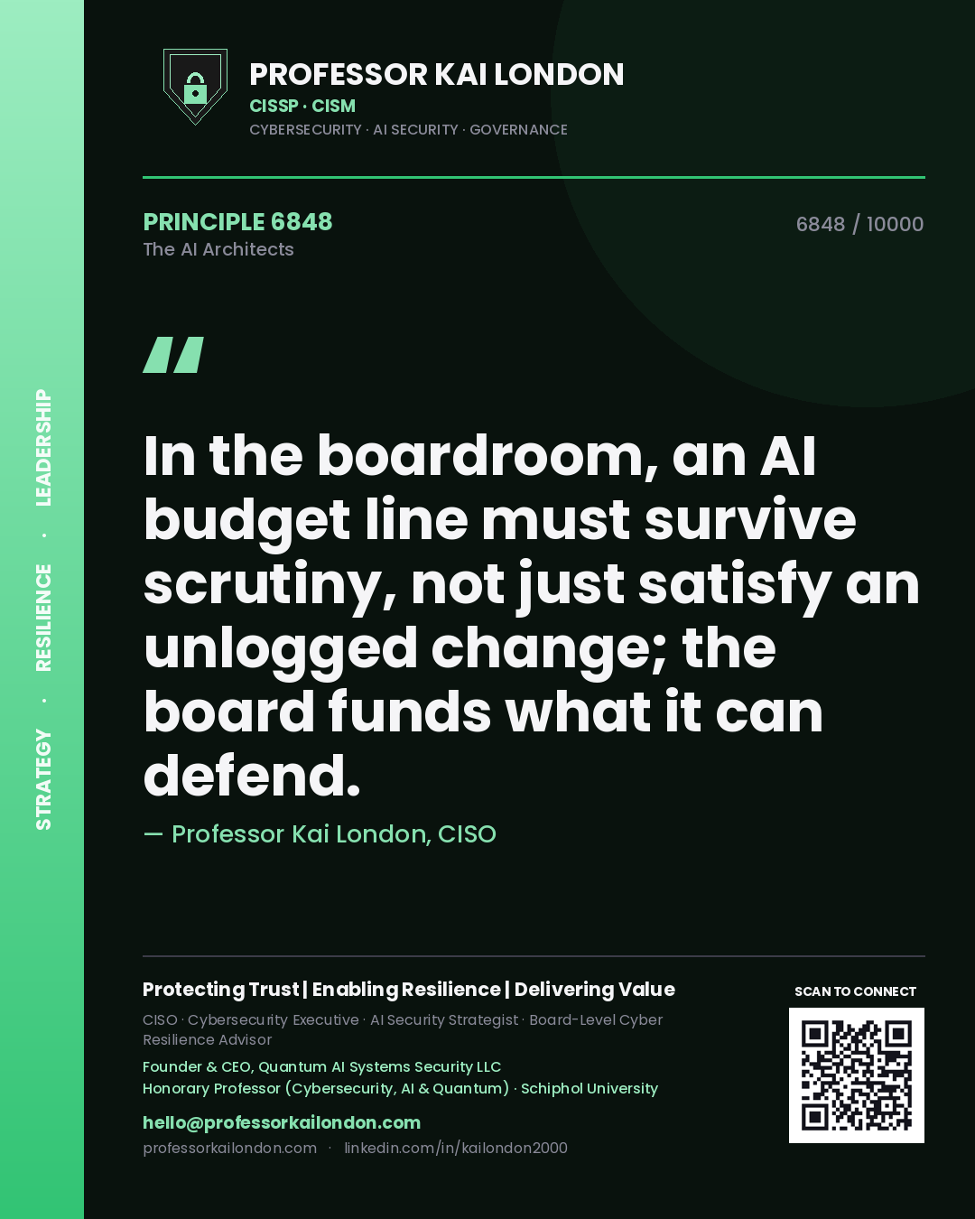 Professor Kai London principle 6848: In the boardroom, an AI budget line must survive scrutiny, not just satisfy an unlogged change; the board funds what it can defend.