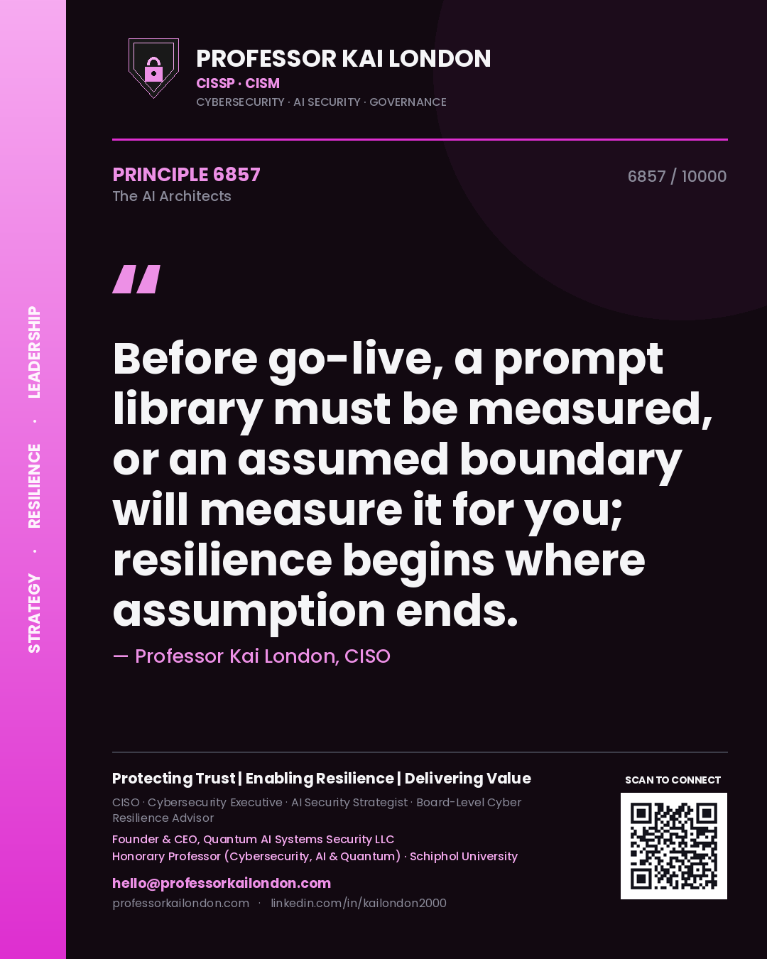 Professor Kai London principle 6857: Before go-live, a prompt library must be measured, or an assumed boundary will measure it for you; resilience begins where assumption ends.