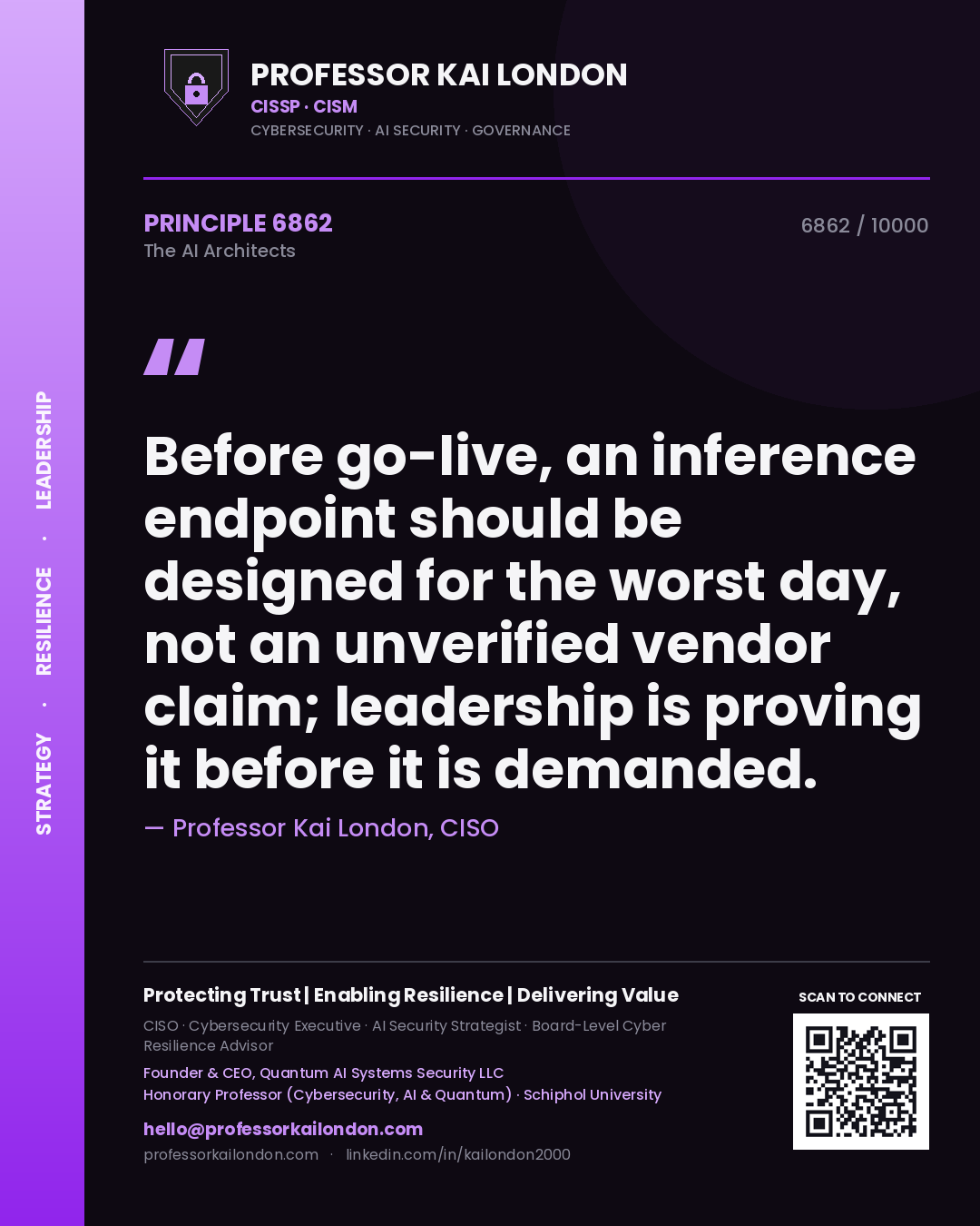 Professor Kai London principle 6862: Before go-live, an inference endpoint should be designed for the worst day, not an unverified vendor claim; leadership is proving it before it is demanded.