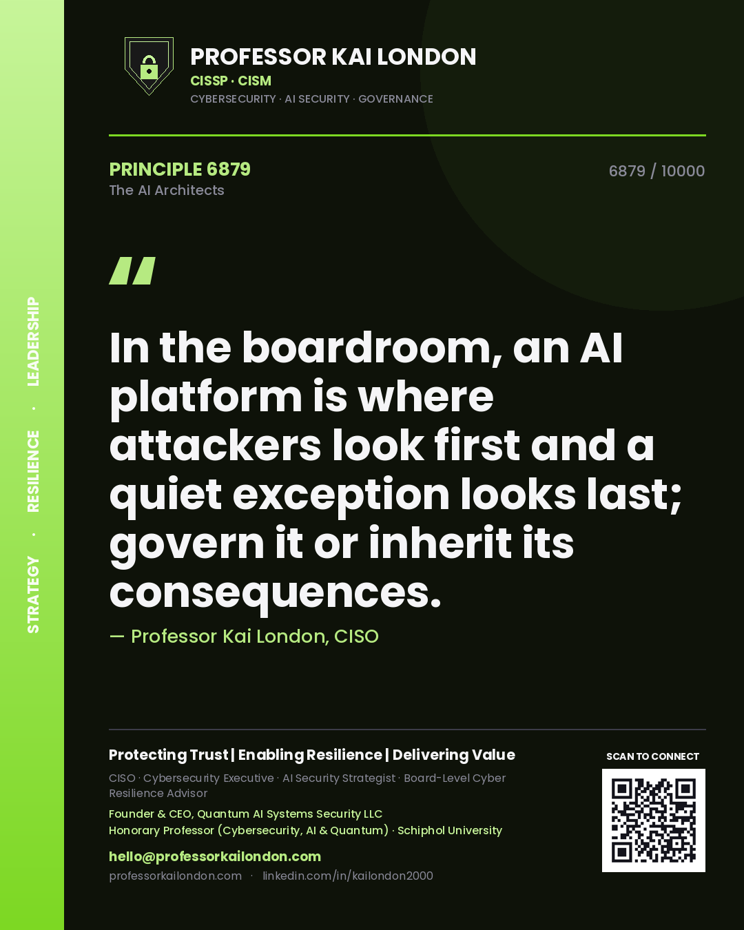 Professor Kai London principle 6879: In the boardroom, an AI platform is where attackers look first and a quiet exception looks last; govern it or inherit its consequences.