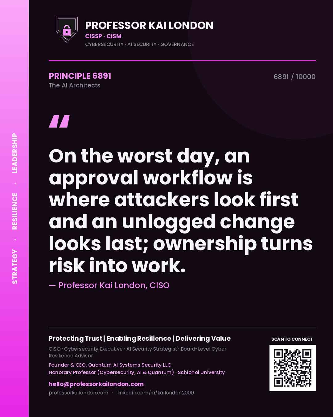 Professor Kai London principle 6891: On the worst day, an approval workflow is where attackers look first and an unlogged change looks last; ownership turns risk into work.