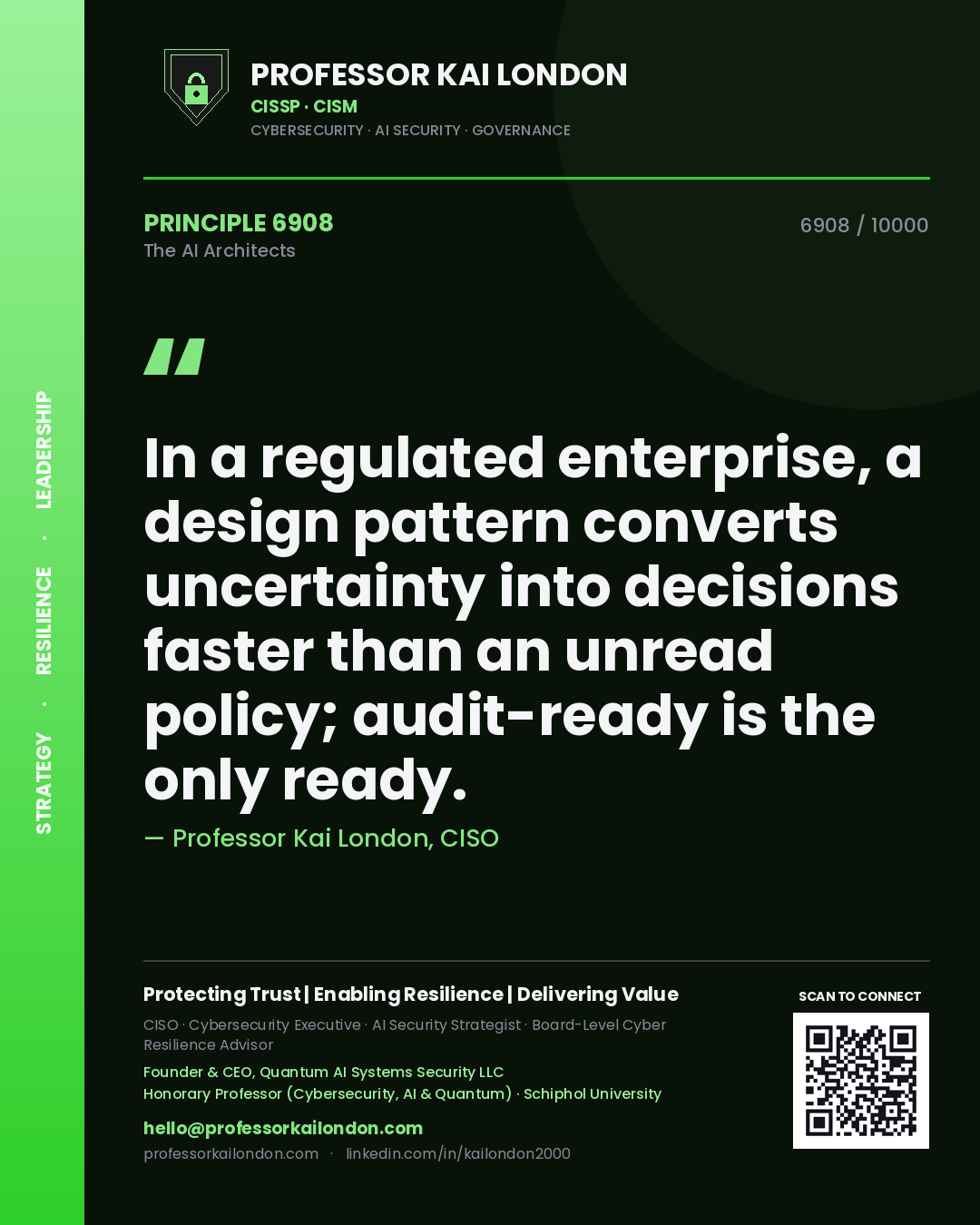 Professor Kai London principle 6908: In a regulated enterprise, a design pattern converts uncertainty into decisions faster than an unread policy; audit-ready is the only ready.