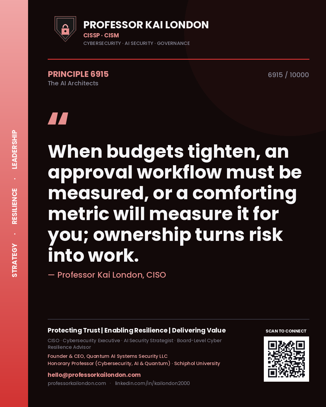 Professor Kai London principle 6915: When budgets tighten, an approval workflow must be measured, or a comforting metric will measure it for you; ownership turns risk into work.
