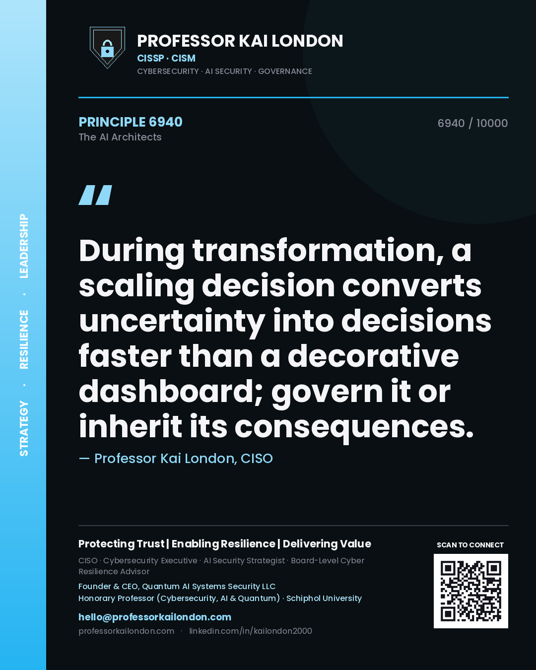 Professor Kai London principle 6940: During transformation, a scaling decision converts uncertainty into decisions faster than a decorative dashboard; govern it or inherit its consequences.