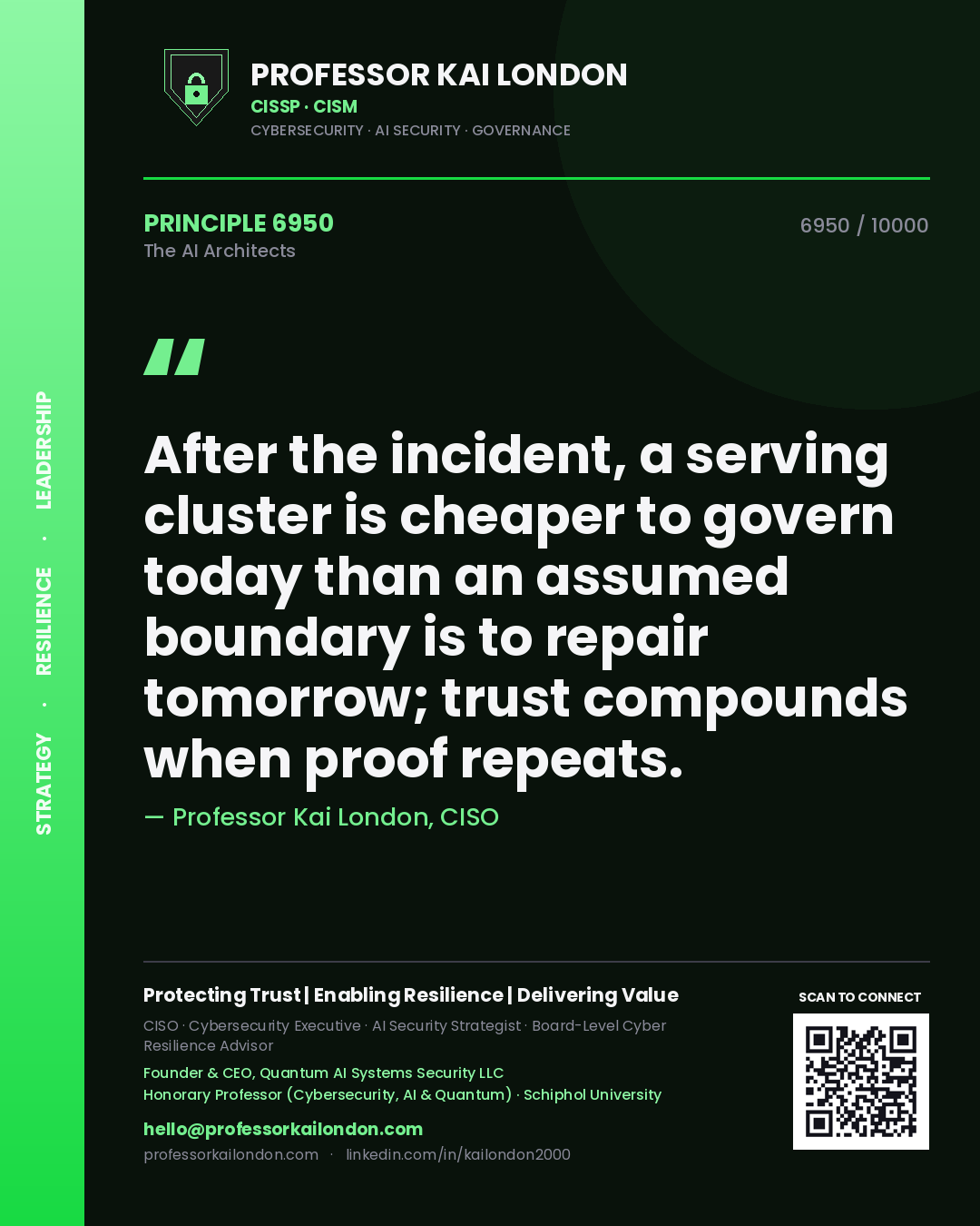 Professor Kai London principle 6950: After the incident, a serving cluster is cheaper to govern today than an assumed boundary is to repair tomorrow; trust compounds when proof repeats.