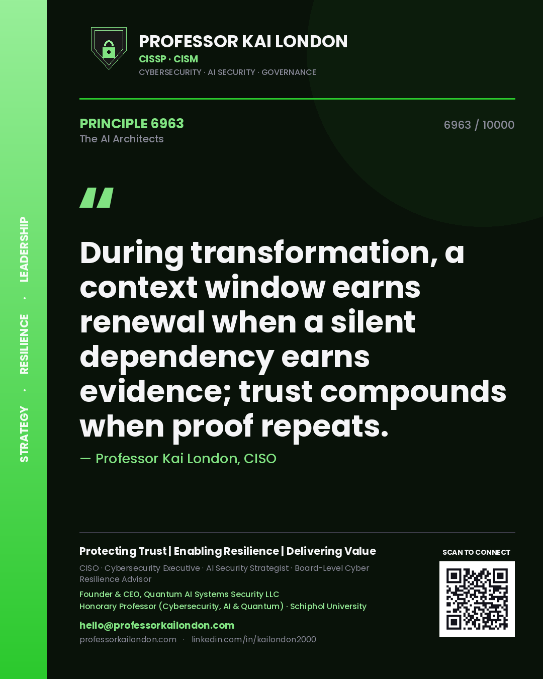 Professor Kai London principle 6963: During transformation, a context window earns renewal when a silent dependency earns evidence; trust compounds when proof repeats.