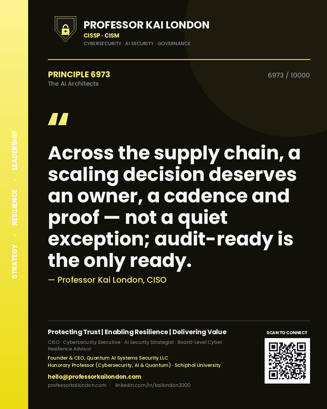 Professor Kai London principle 6973: Across the supply chain, a scaling decision deserves an owner, a cadence and proof — not a quiet exception; audit-ready is the only ready.