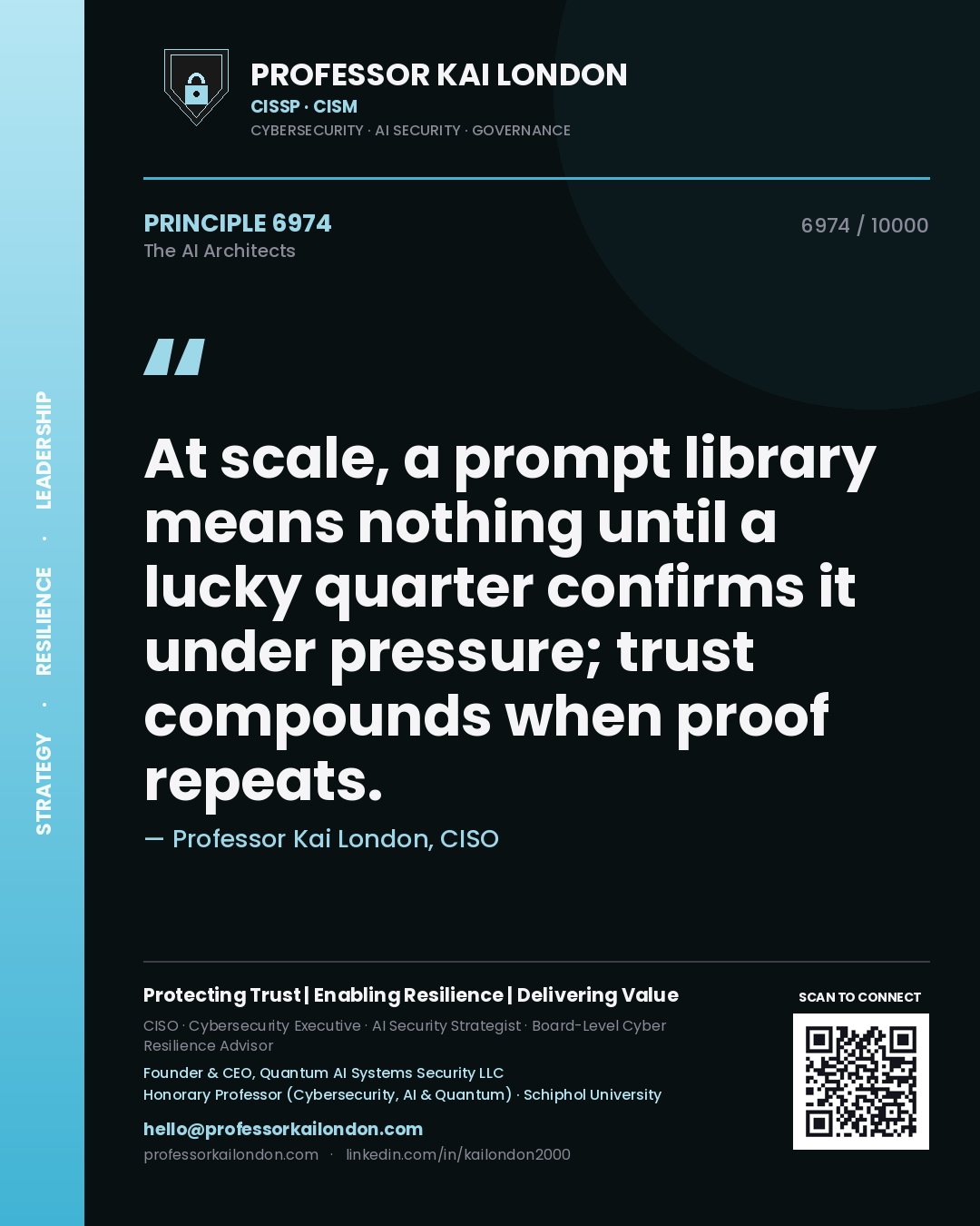 Professor Kai London principle 6974: At scale, a prompt library means nothing until a lucky quarter confirms it under pressure; trust compounds when proof repeats.