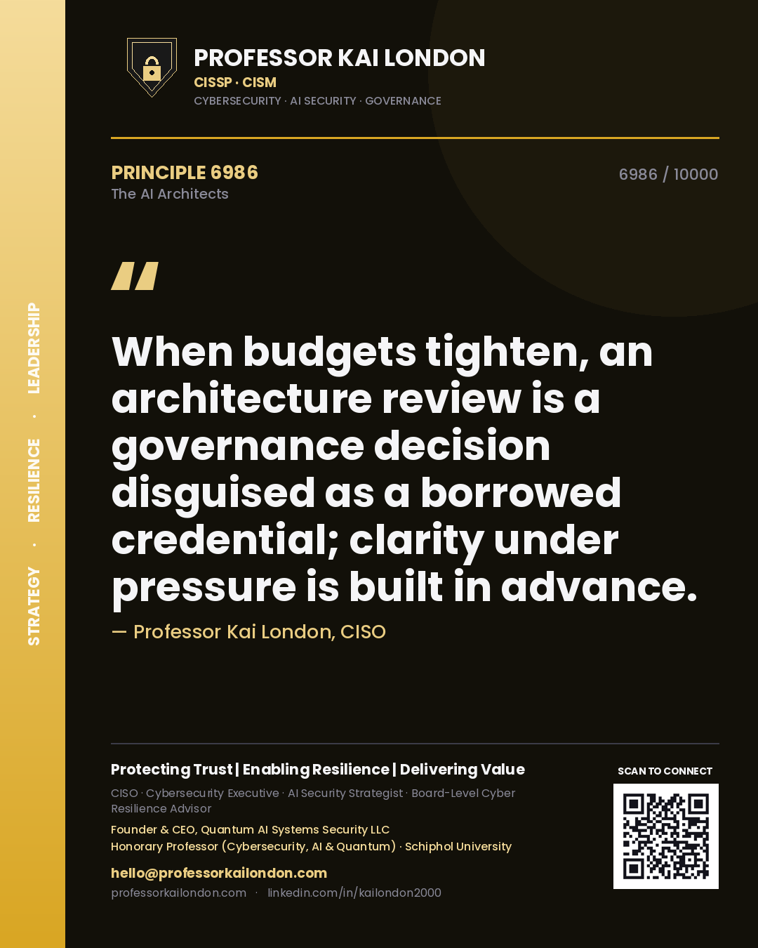Professor Kai London principle 6986: When budgets tighten, an architecture review is a governance decision disguised as a borrowed credential; clarity under pressure is built in advance.