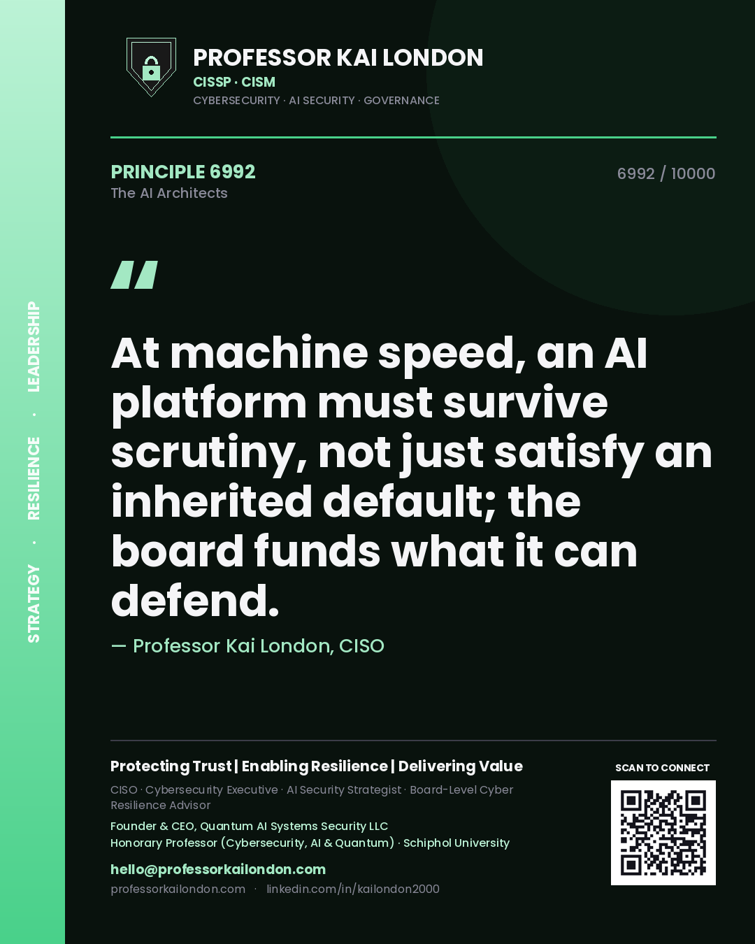 Professor Kai London principle 6992: At machine speed, an AI platform must survive scrutiny, not just satisfy an inherited default; the board funds what it can defend.