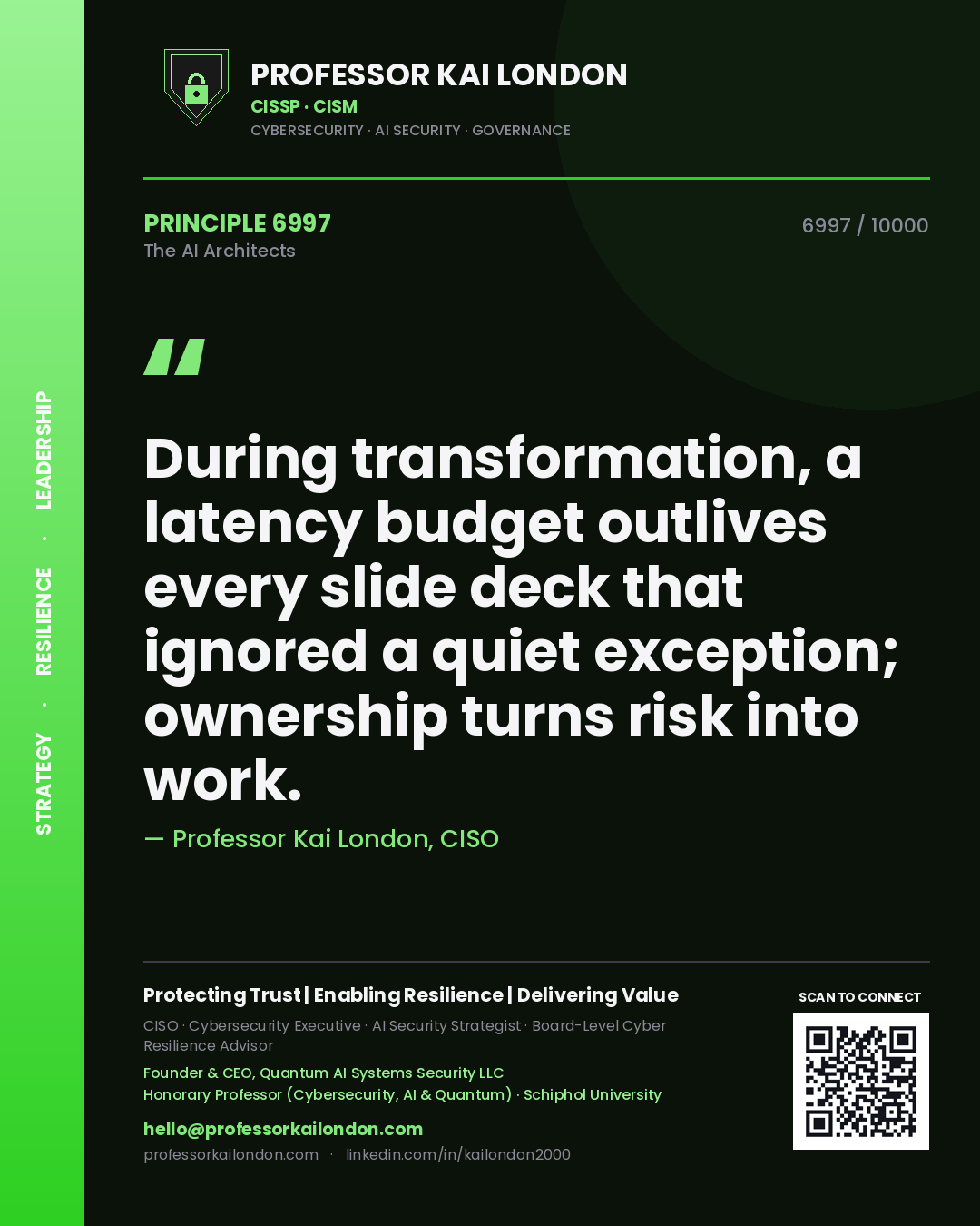 Professor Kai London principle 6997: During transformation, a latency budget outlives every slide deck that ignored a quiet exception; ownership turns risk into work.
