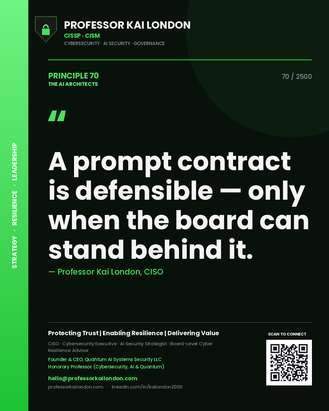 Professor Kai London principle 70: A prompt contract is defensible — only when the board can stand behind it.