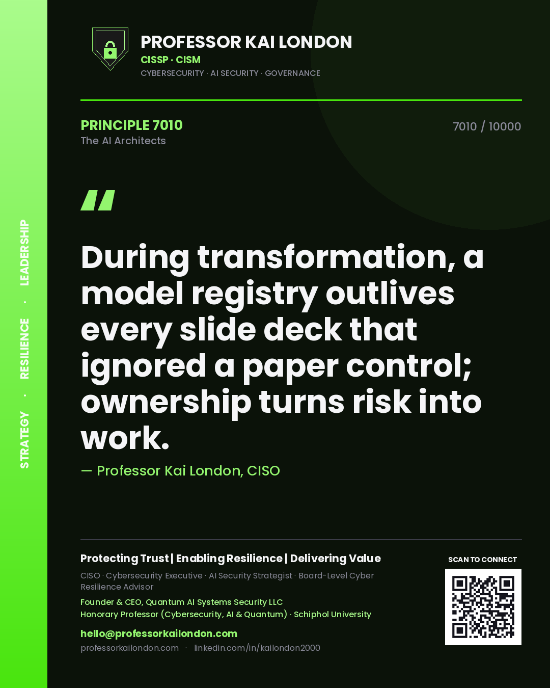 Professor Kai London principle 7010: During transformation, a model registry outlives every slide deck that ignored a paper control; ownership turns risk into work.
