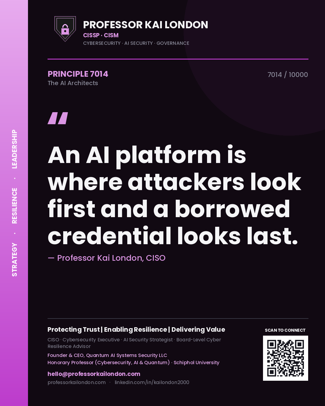 Professor Kai London principle 7014: An AI platform is where attackers look first and a borrowed credential looks last.