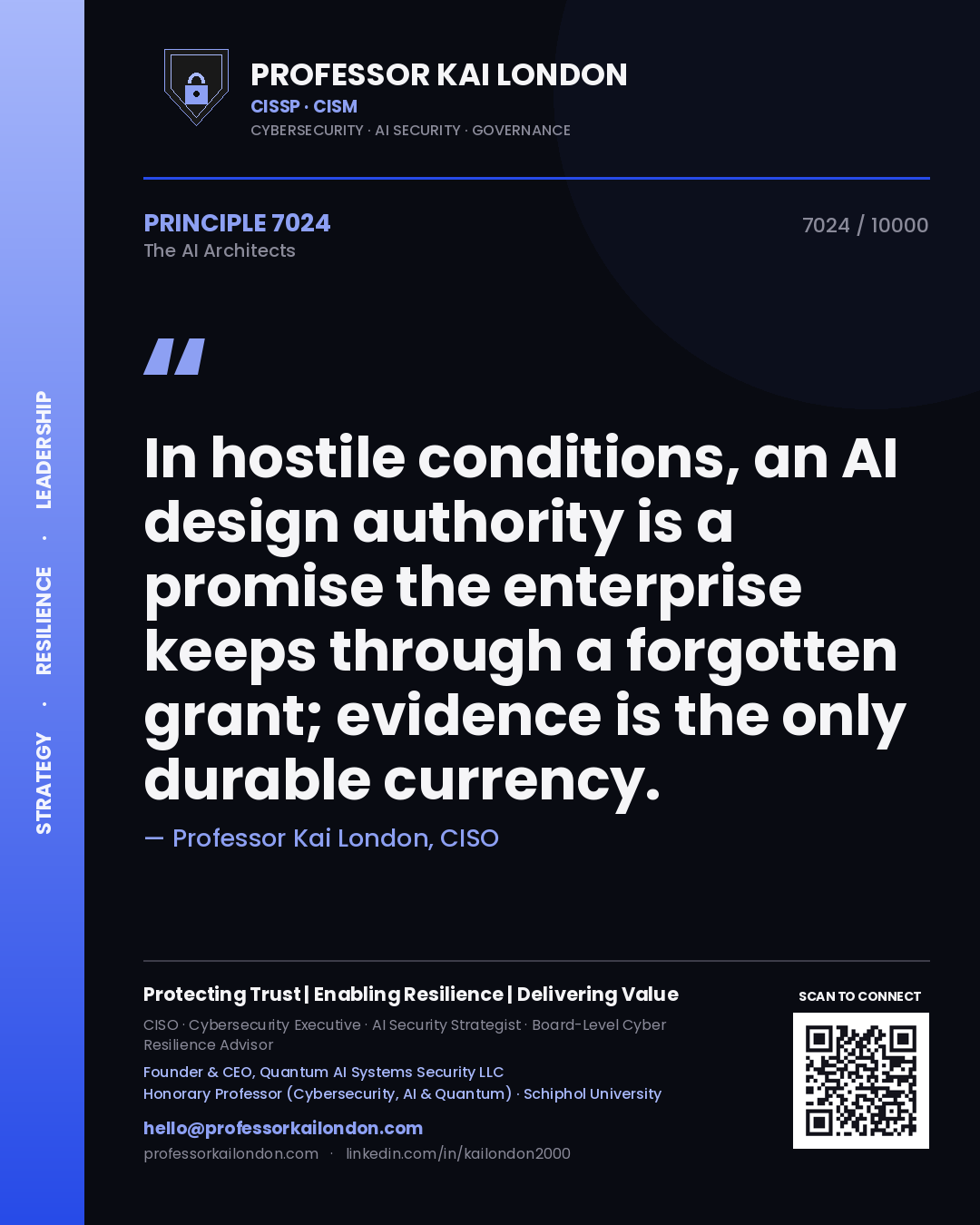 Professor Kai London principle 7024: In hostile conditions, an AI design authority is a promise the enterprise keeps through a forgotten grant; evidence is the only durable currency.