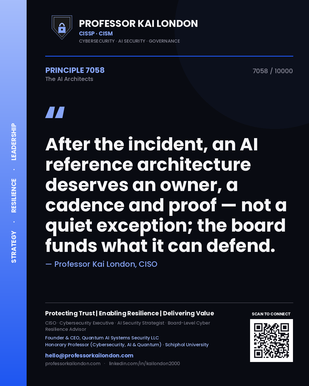 Professor Kai London principle 7058: After the incident, an AI reference architecture deserves an owner, a cadence and proof — not a quiet exception; the board funds what it can defend.