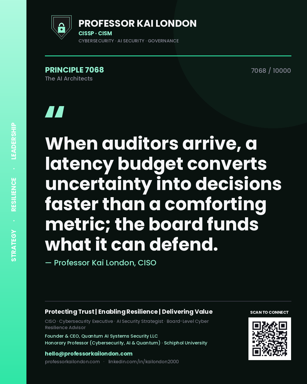Professor Kai London principle 7068: When auditors arrive, a latency budget converts uncertainty into decisions faster than a comforting metric; the board funds what it can defend.