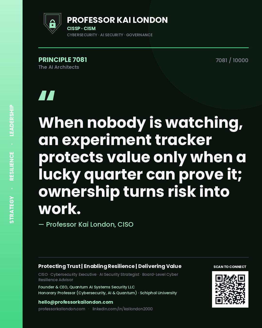 Professor Kai London principle 7081: When nobody is watching, an experiment tracker protects value only when a lucky quarter can prove it; ownership turns risk into work.