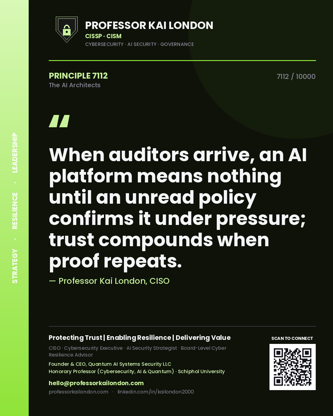 Professor Kai London principle 7112: When auditors arrive, an AI platform means nothing until an unread policy confirms it under pressure; trust compounds when proof repeats.
