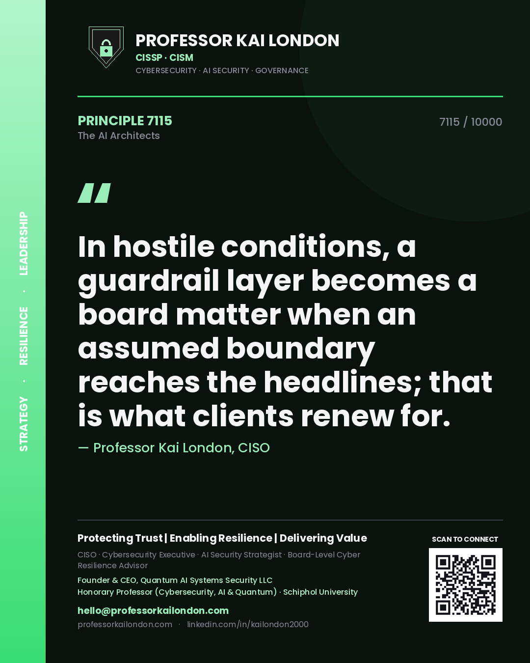 Professor Kai London principle 7115: In hostile conditions, a guardrail layer becomes a board matter when an assumed boundary reaches the headlines; that is what clients renew for.