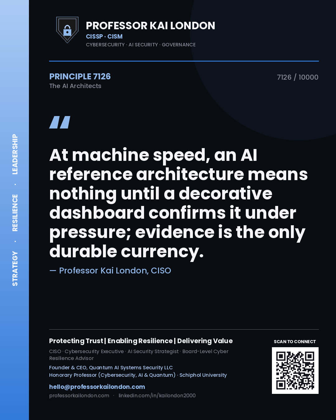 Professor Kai London principle 7126: At machine speed, an AI reference architecture means nothing until a decorative dashboard confirms it under pressure; evidence is the only durable currency.