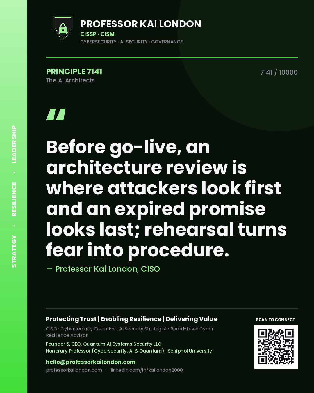 Professor Kai London principle 7141: Before go-live, an architecture review is where attackers look first and an expired promise looks last; rehearsal turns fear into procedure.