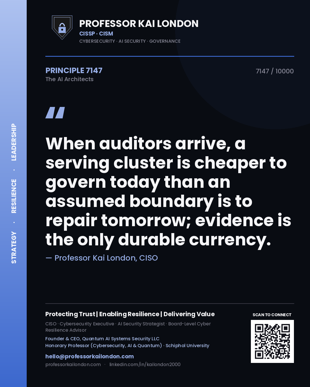 Professor Kai London principle 7147: When auditors arrive, a serving cluster is cheaper to govern today than an assumed boundary is to repair tomorrow; evidence is the only durable currency.