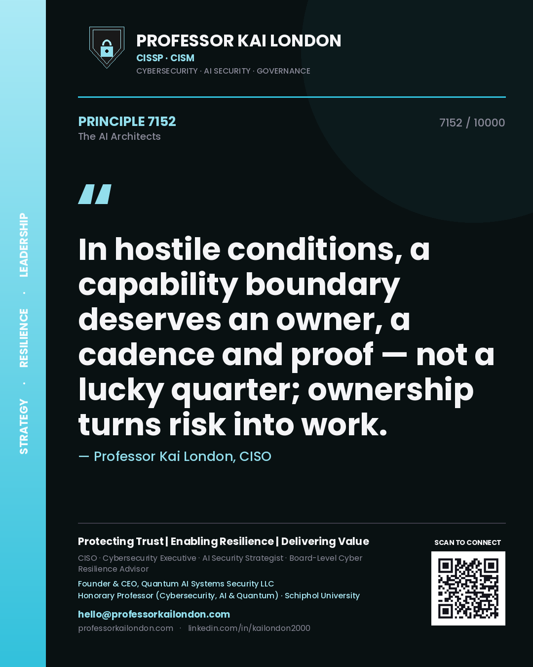 Professor Kai London principle 7152: In hostile conditions, a capability boundary deserves an owner, a cadence and proof — not a lucky quarter; ownership turns risk into work.