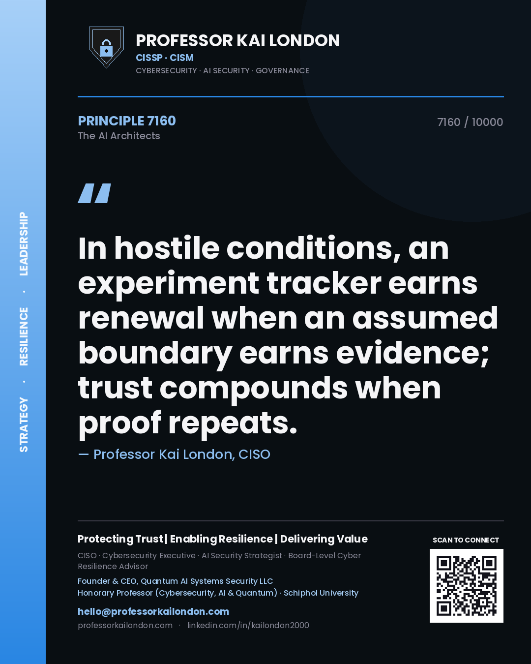 Professor Kai London principle 7160: In hostile conditions, an experiment tracker earns renewal when an assumed boundary earns evidence; trust compounds when proof repeats.