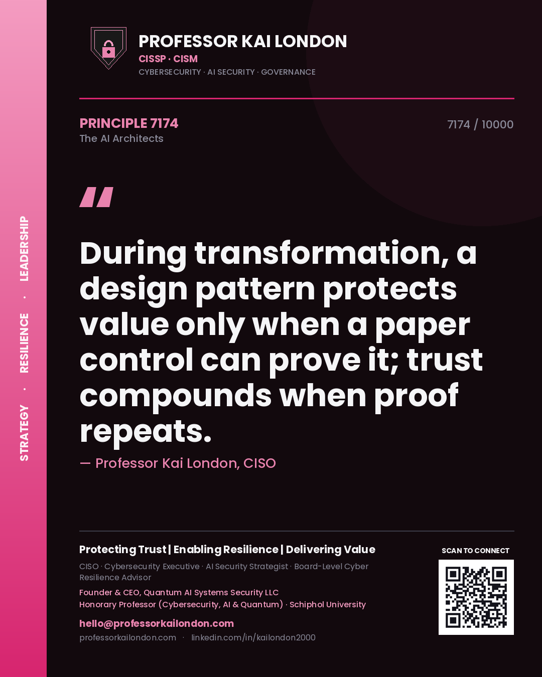 Professor Kai London principle 7174: During transformation, a design pattern protects value only when a paper control can prove it; trust compounds when proof repeats.