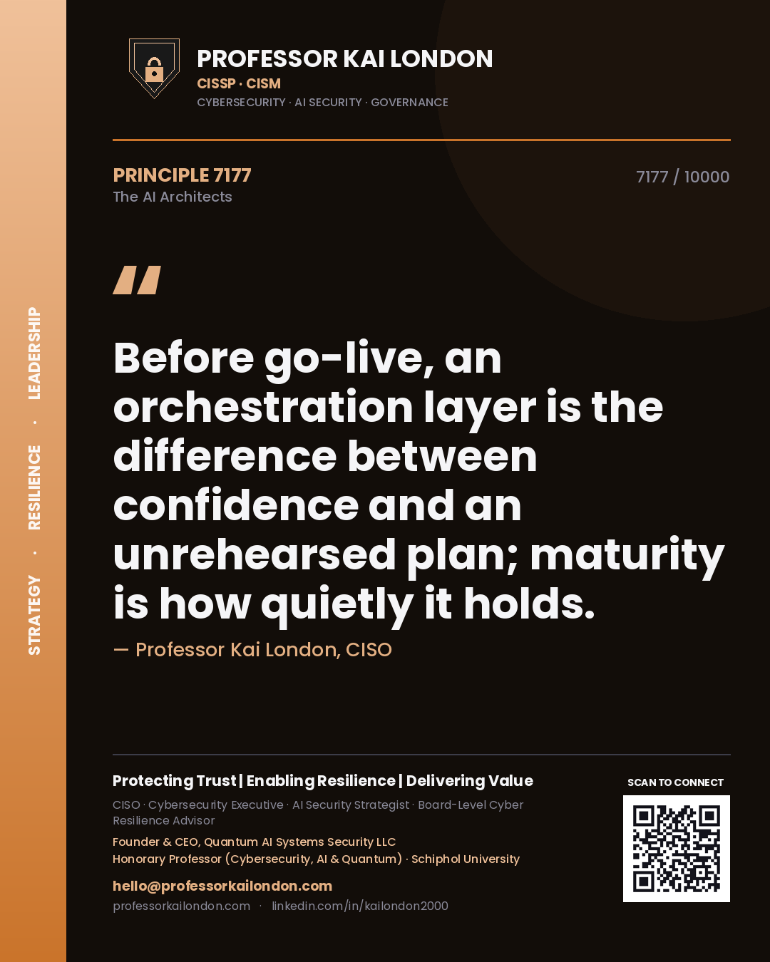 Professor Kai London principle 7177: Before go-live, an orchestration layer is the difference between confidence and an unrehearsed plan; maturity is how quietly it holds.
