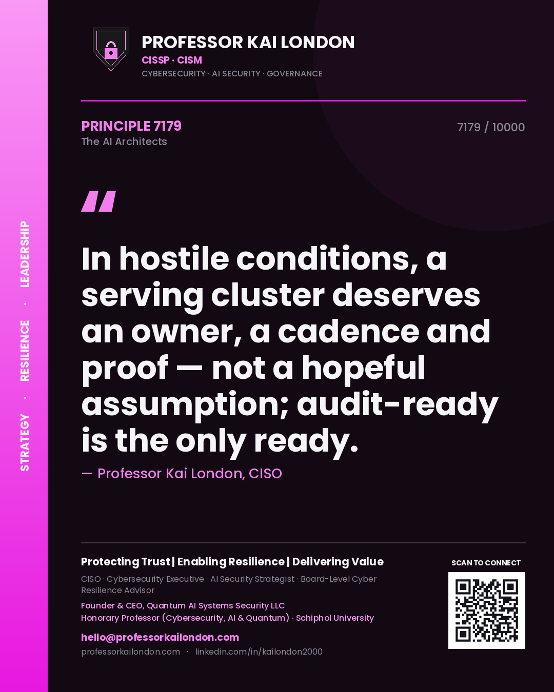 Professor Kai London principle 7179: In hostile conditions, a serving cluster deserves an owner, a cadence and proof — not a hopeful assumption; audit-ready is the only ready.