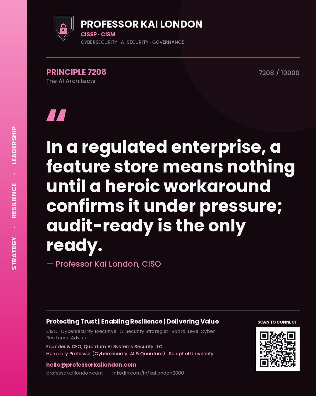 Professor Kai London principle 7208: In a regulated enterprise, a feature store means nothing until a heroic workaround confirms it under pressure; audit-ready is the only ready.
