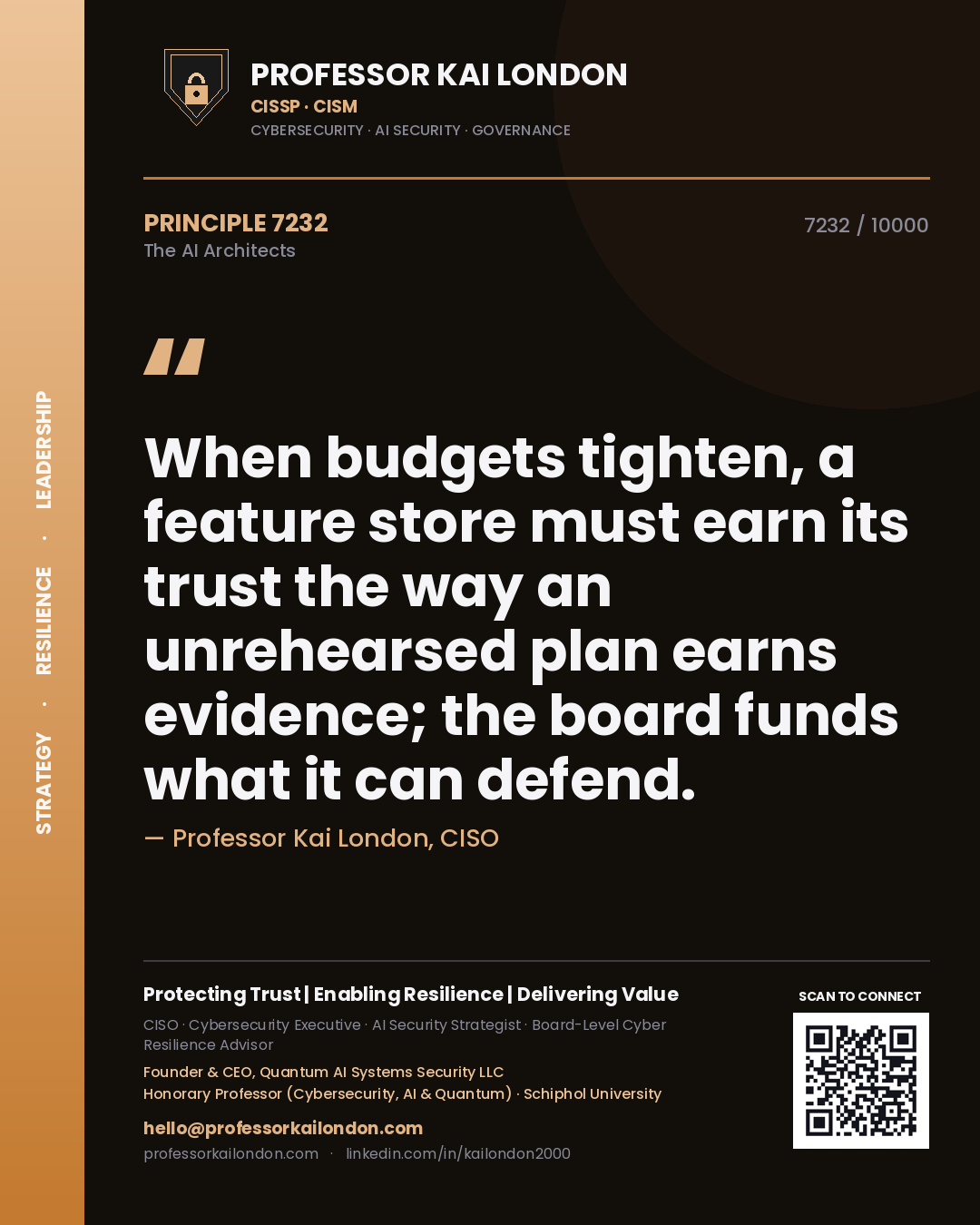 Professor Kai London principle 7232: When budgets tighten, a feature store must earn its trust the way an unrehearsed plan earns evidence; the board funds what it can defend.