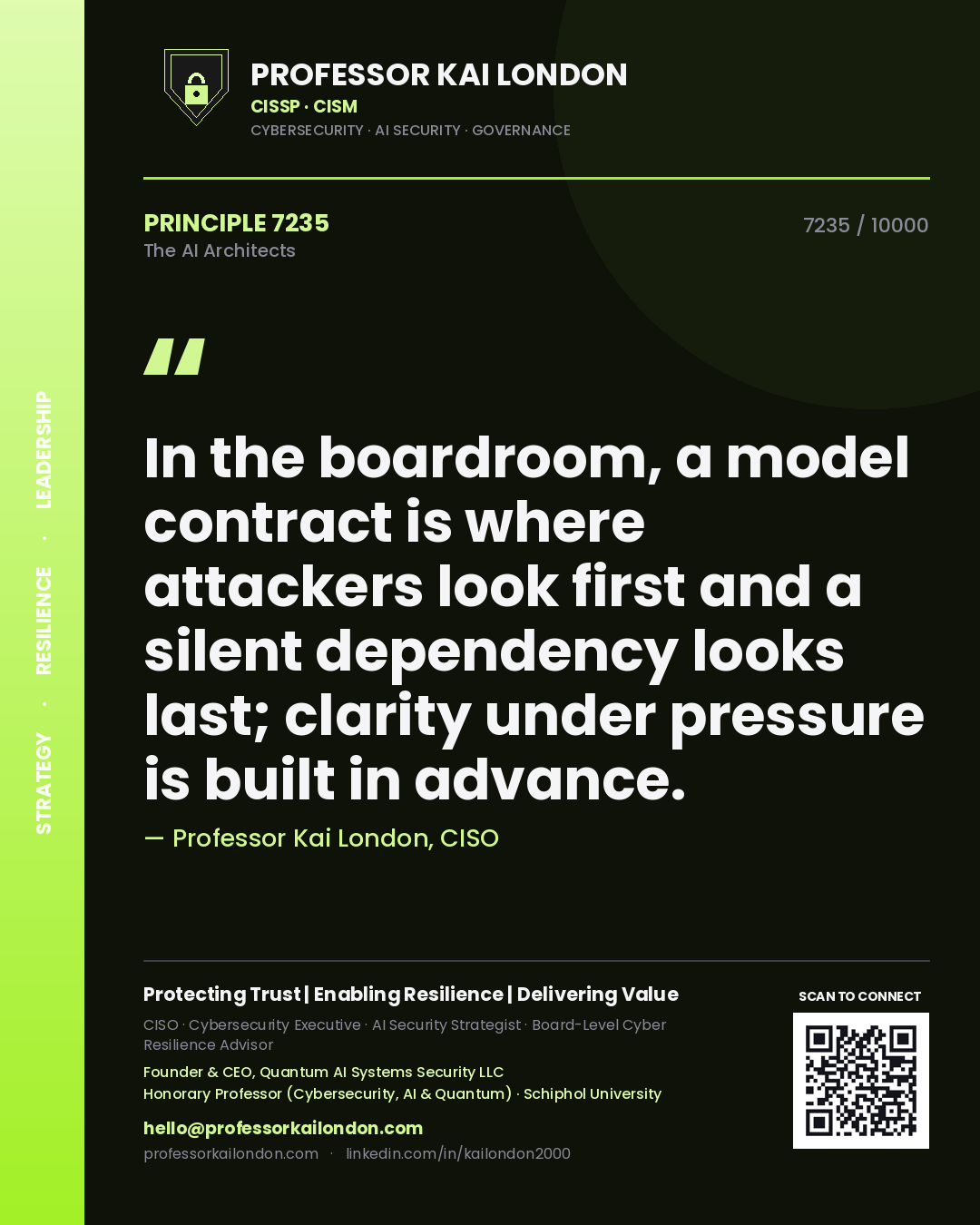 Professor Kai London principle 7235: In the boardroom, a model contract is where attackers look first and a silent dependency looks last; clarity under pressure is built in advance.